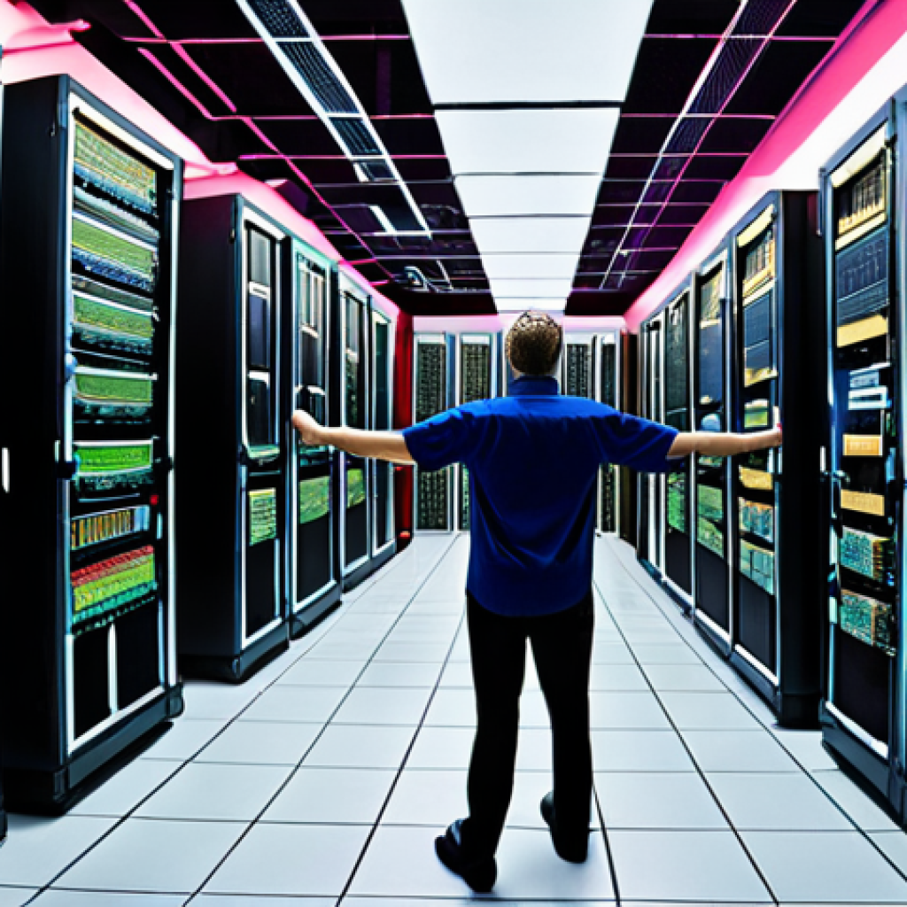 **Server Room Orchestra:** A busy server room, but visualized as an orchestra with CPUs as conductors and memory modules as instruments. Focus on showing the CPU conductor looking strained/overworked, with the memory modules struggling to keep up. Use vibrant colors to depict data flow and processing.