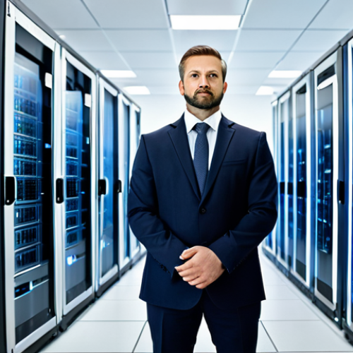 Home 6 A focused professional network architect, dressed in a modest business suit, standing in a clean, modern data center. The background features server racks with subtle, glowing data flow lines, conveying high efficiency and performance. The architect is observing a large, transparent display showing network metrics and optimized data pathways, emphasizing the critical role of speed in digital infrastructure. Perfect anatomy, correct proportions, natural pose, well-formed hands, proper finger count, natural body proportions. Fully clothed, appropriate attire, professional dress, safe for work, appropriate content, family-friendly, professional photography, ultra-detailed.