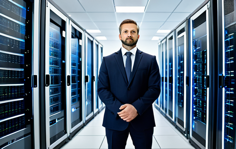 A focused professional network architect, dressed in a modest business suit, standing in a clean, modern data center. The background features server racks with subtle, glowing data flow lines, conveying high efficiency and performance. The architect is observing a large, transparent display showing network metrics and optimized data pathways, emphasizing the critical role of speed in digital infrastructure. Perfect anatomy, correct proportions, natural pose, well-formed hands, proper finger count, natural body proportions. Fully clothed, appropriate attire, professional dress, safe for work, appropriate content, family-friendly, professional photography, ultra-detailed.
