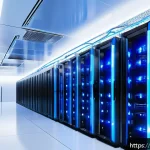 서버 온도 관리와 냉각 기술 - A cutting-edge data center interior showcasing advanced liquid cooling systems: sleek server racks c...