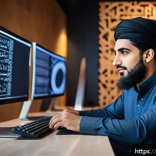 LAMP와 MEAN 스택 서버 비교 - A professional Middle Eastern software developer working at a modern workspace decorated with Arabic...