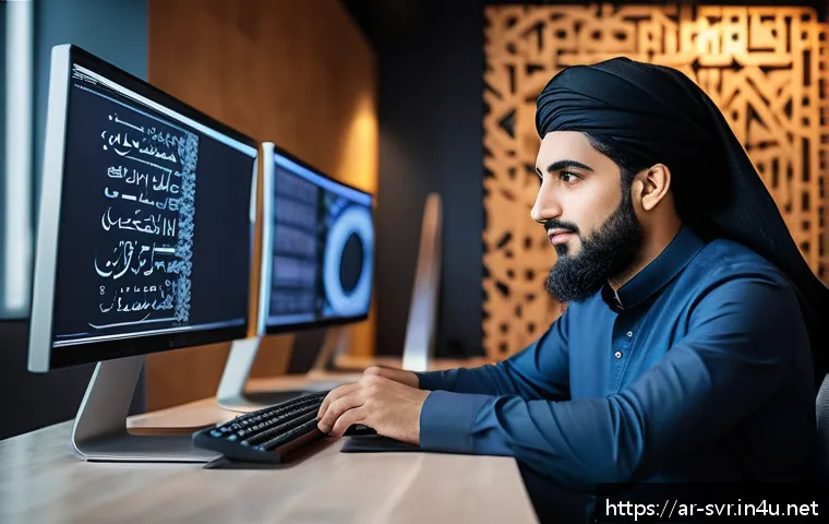 LAMP와 MEAN 스택 서버 비교 - A professional Middle Eastern software developer working at a modern workspace decorated with Arabic...